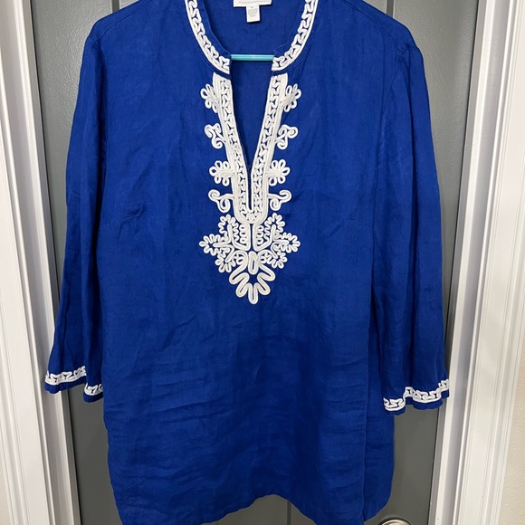 Charter Club Royal Blue Linen Top size XL. White trim - Picture 1 of 5